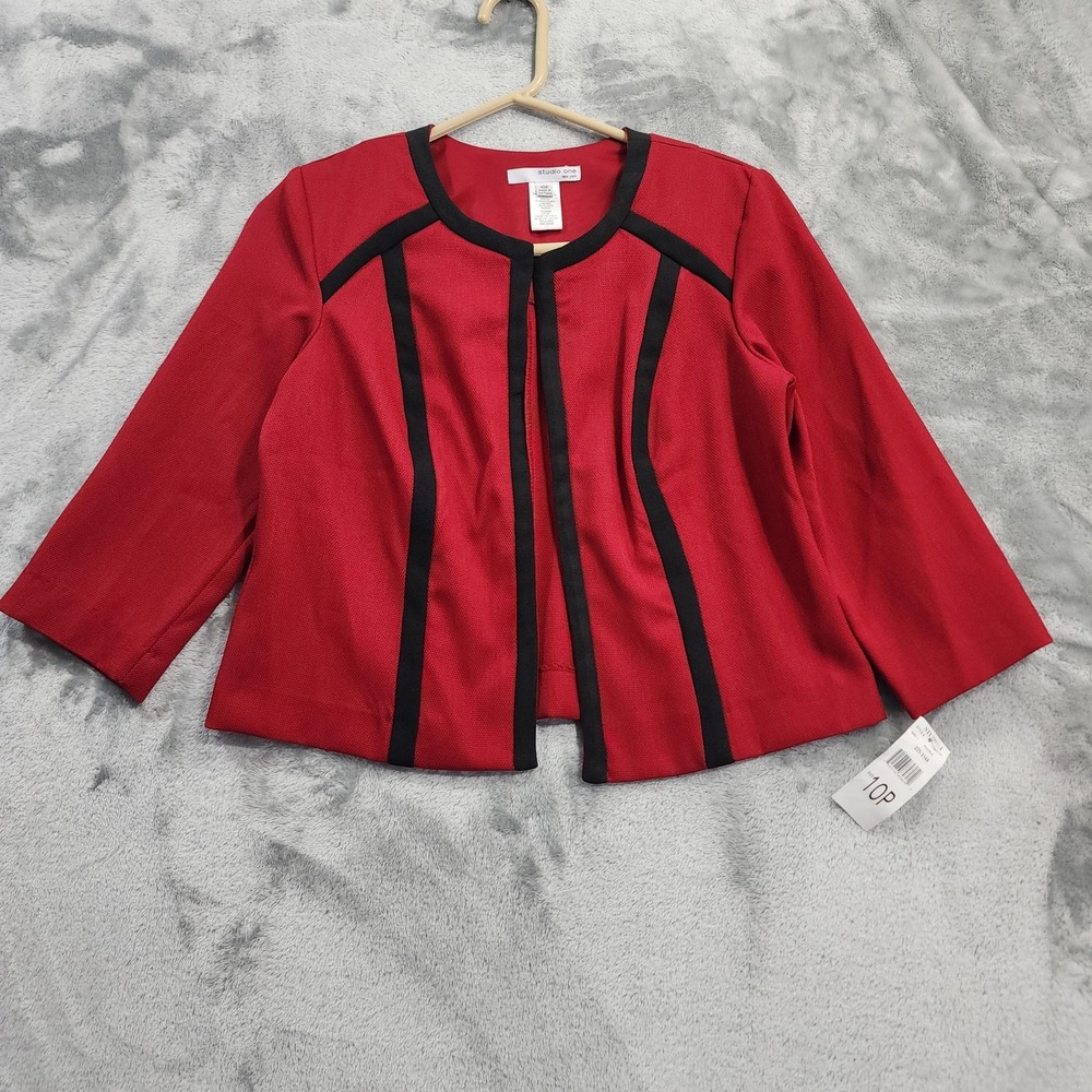 NEW Studio One Jacket Womens 10P Red Black Trim Lined Open Front Crop Sleeves